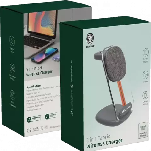شارژر بیسیم وایرلس گرین مدل Green Lion 3 in 1 Fabric Model GN3N1FAWIRC ظرفیت ۱۵ وات ۳ در ۱